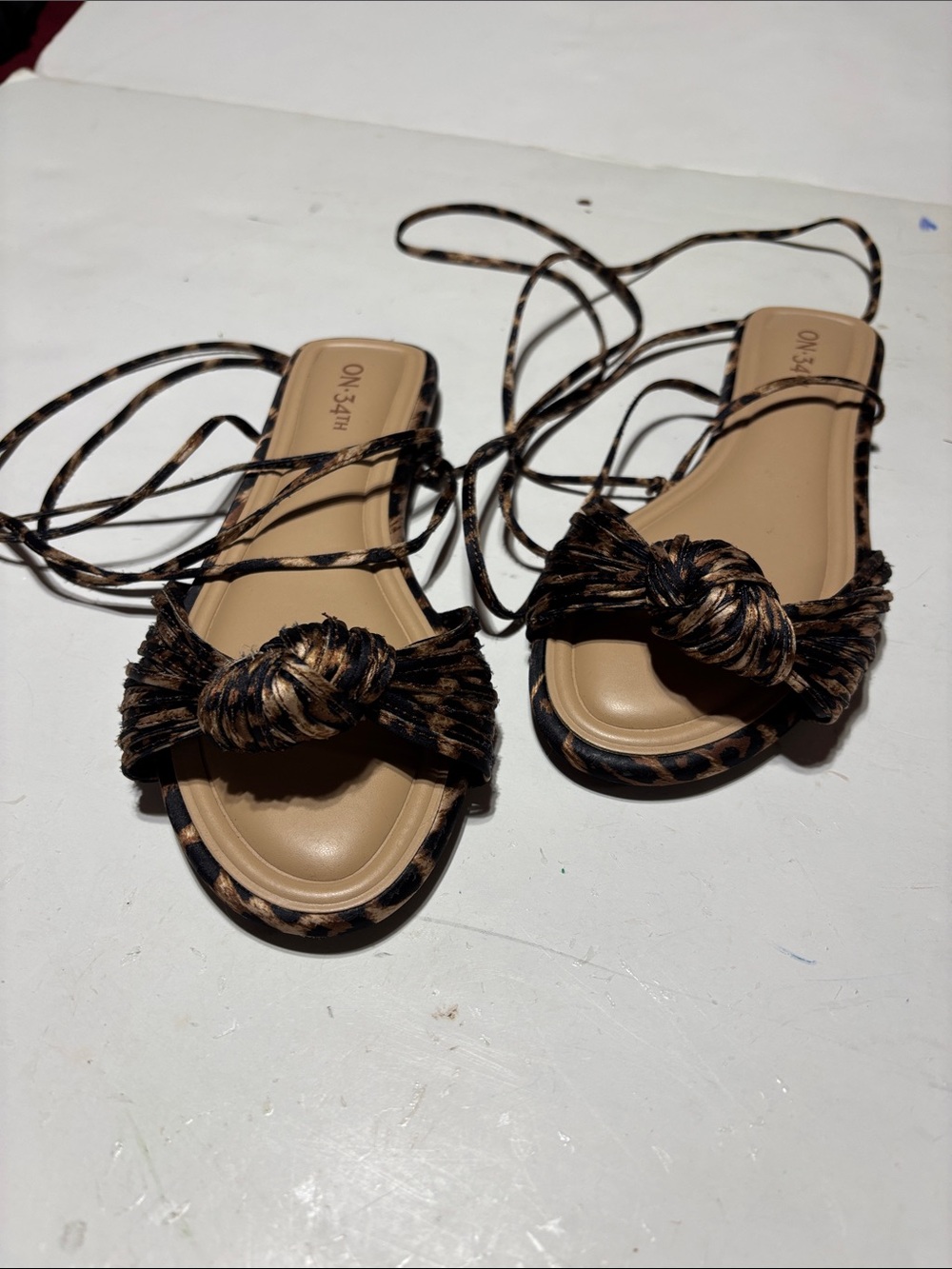 On 3:4th Leopard-Print Knot Lace-Up Flat Sandals - Tan/Black